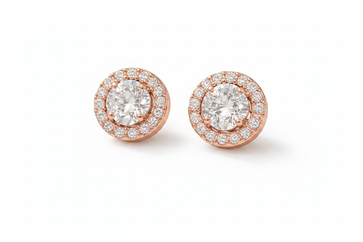 Round Solitaire & Pavé Band Stud Earrings