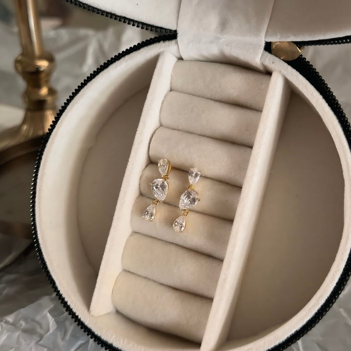 Triple Pear Solitaire Tiered Drop Earrings