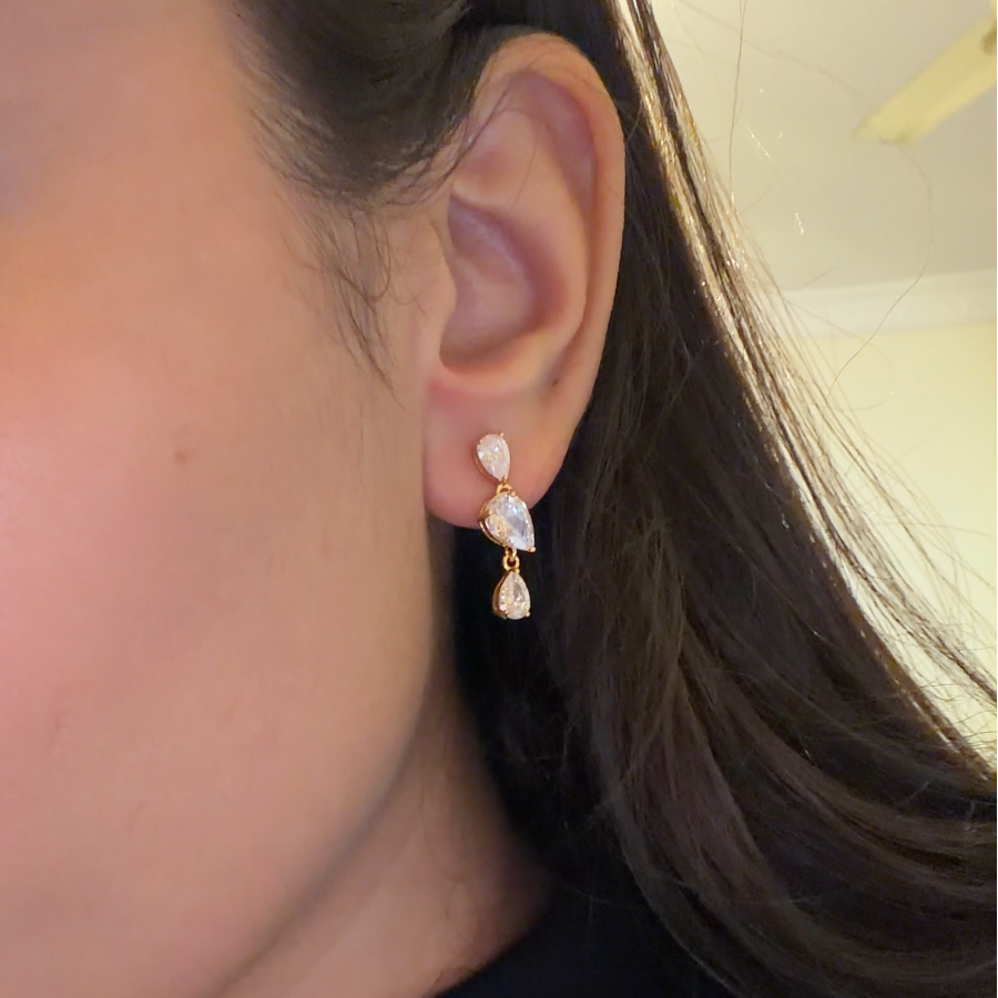 Triple Pear Solitaire Tiered Drop Earrings