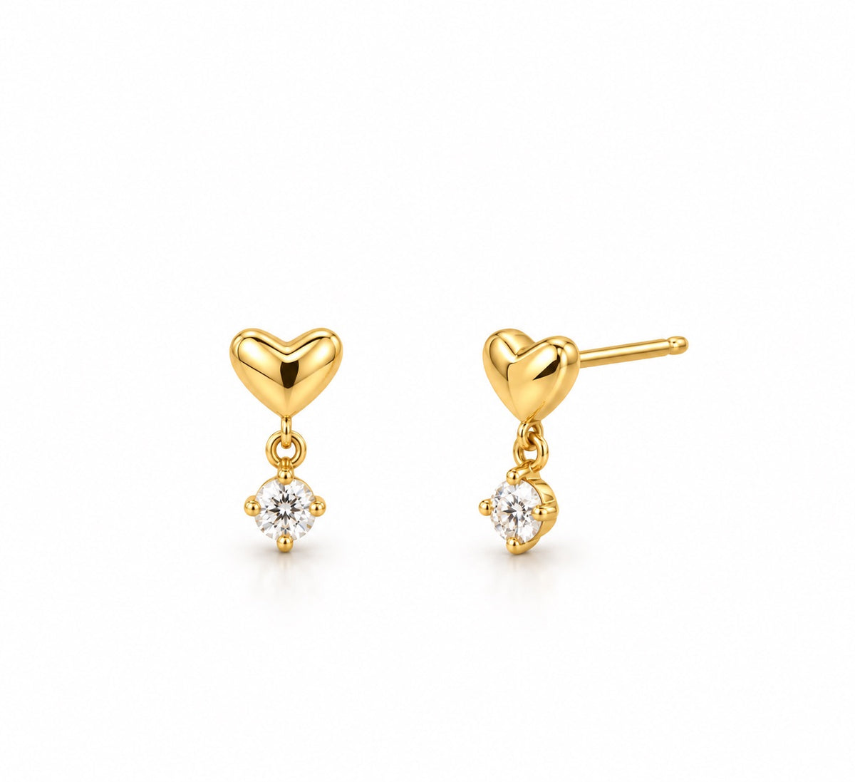 Golden Heart & Solitaire Dangle Earrings
